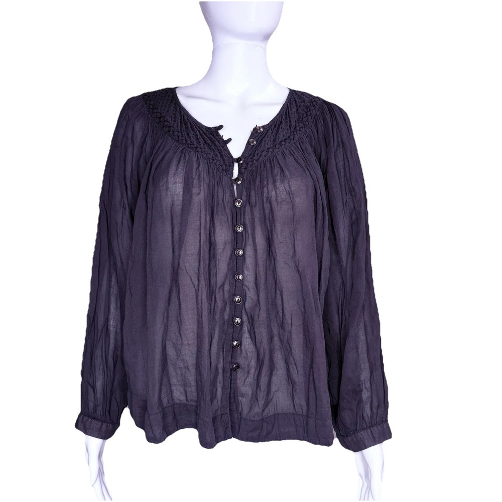 Free People We The Free Navy Blue Blouse Small Boho Top Button Front Cottagecore
